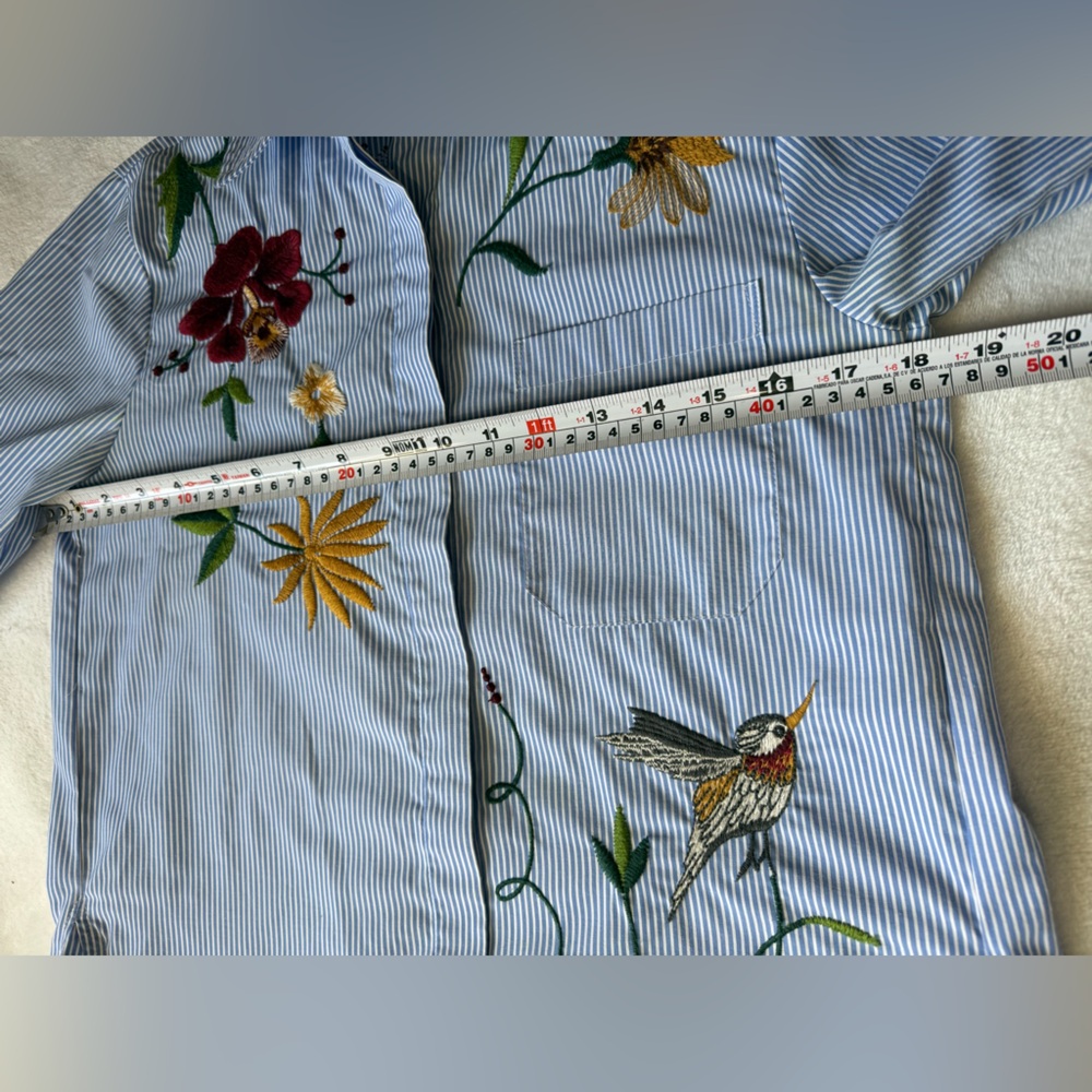 ZARA Woman Blue Striped Embroidered Shirt XS | Floral Bird Button Down Tunic Top - Picture 8 of 8